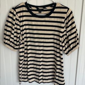 J. Crew Black and Cream Striped Puff Sleeve Top